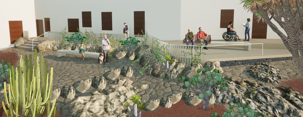 Infografía del diseño de paisaje del jardín anexo a la Ermita de San Sebastián, Buenavista del Norte, Tenerife